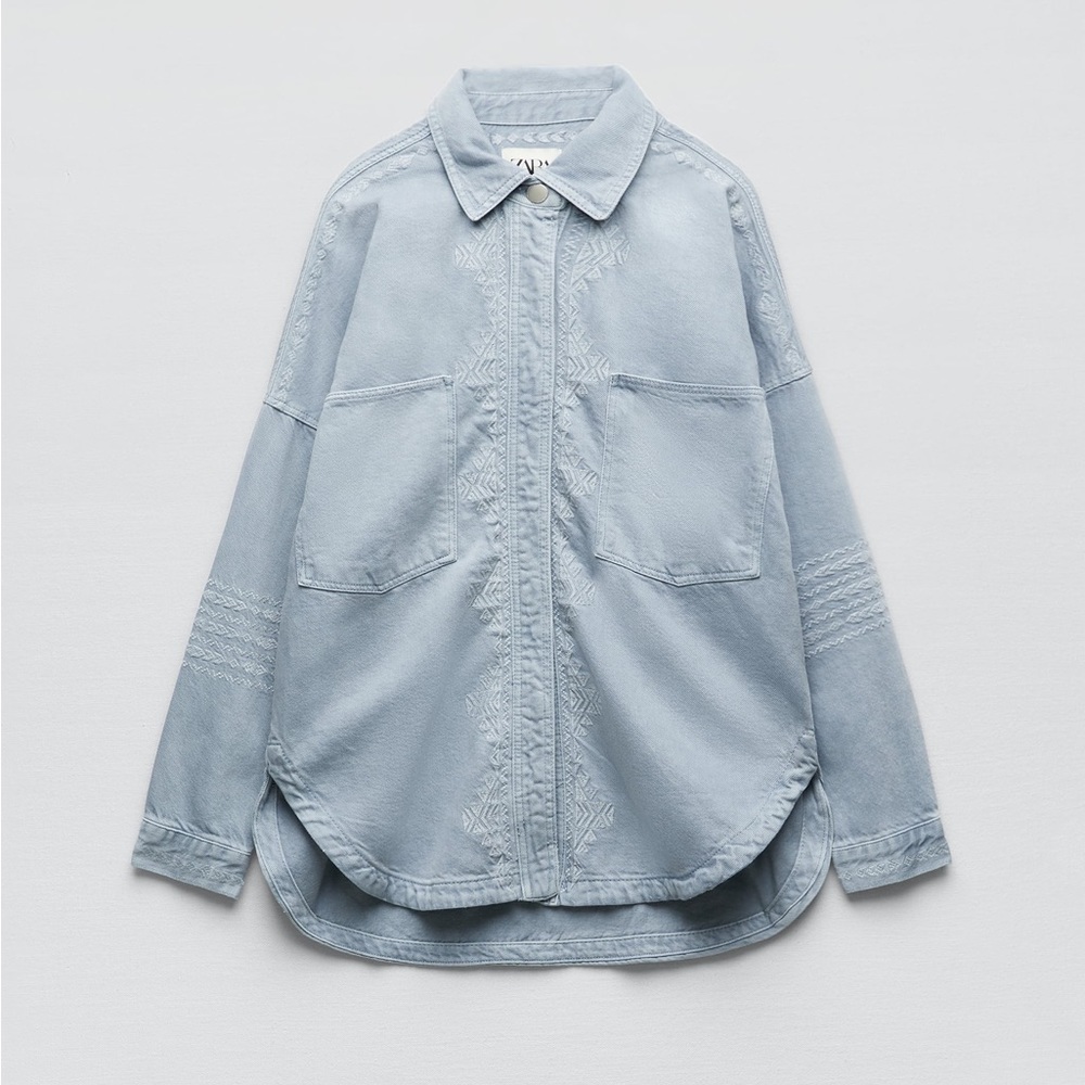 Zara Embroidered Denim Pocket Shirt S NWT